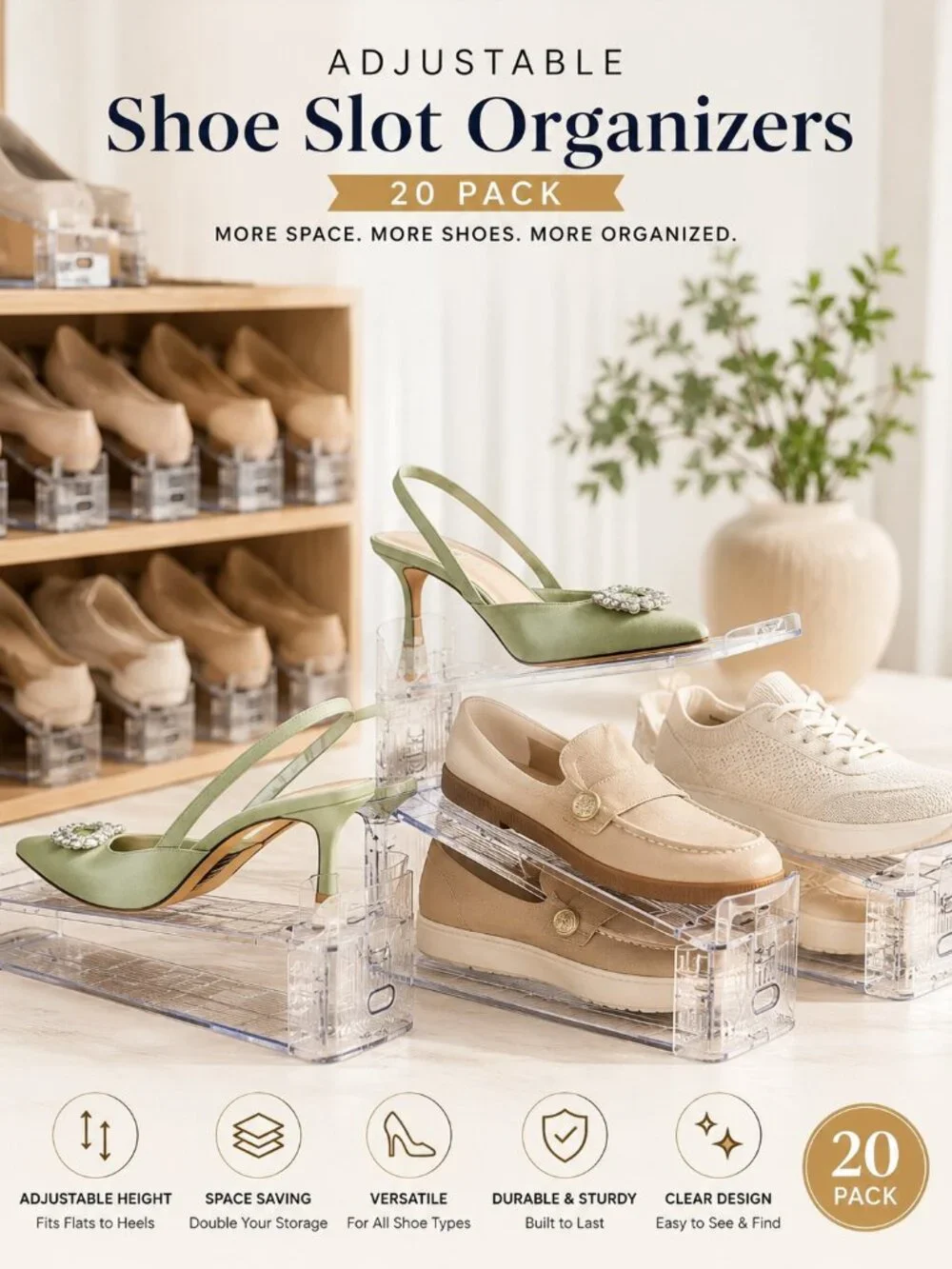 20 Pack Adjustable Shoe Slot Organizer Space Saving Shoe Stackers Clear Storage